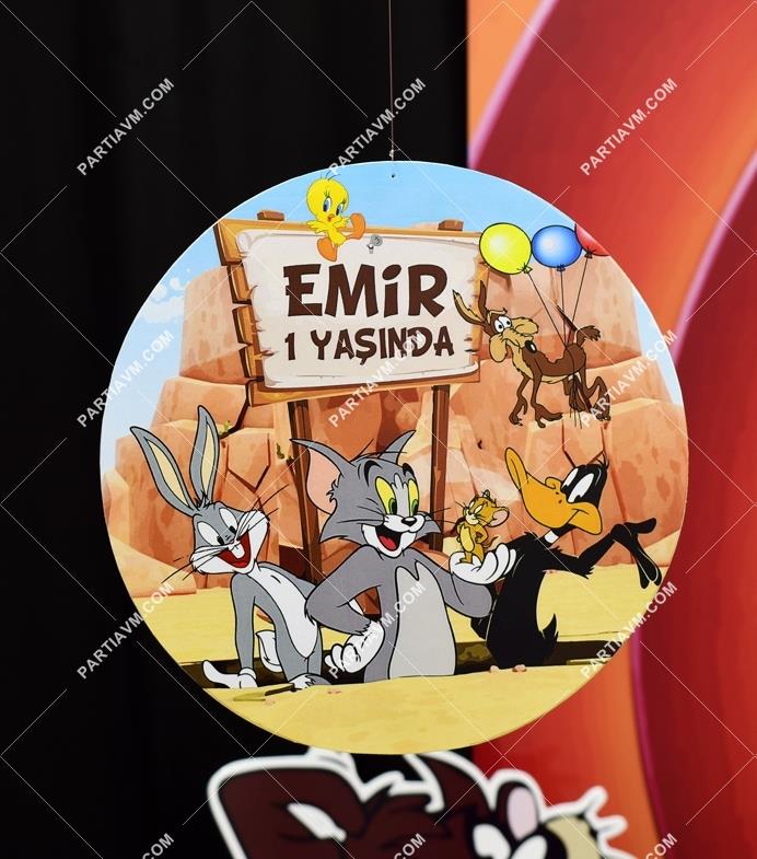 Bugs Bunny ve Arkadaşları Doğum Günü 20 cm Önlü Arkalı Baskı Kalın Karton Misinalı Asma Süs