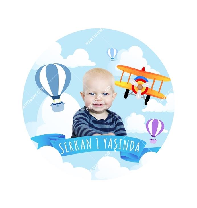 Küçük Pilot ve Balonlar Doğum Günü Yuvarlak Etiket 7.5 cm 10 Adet
