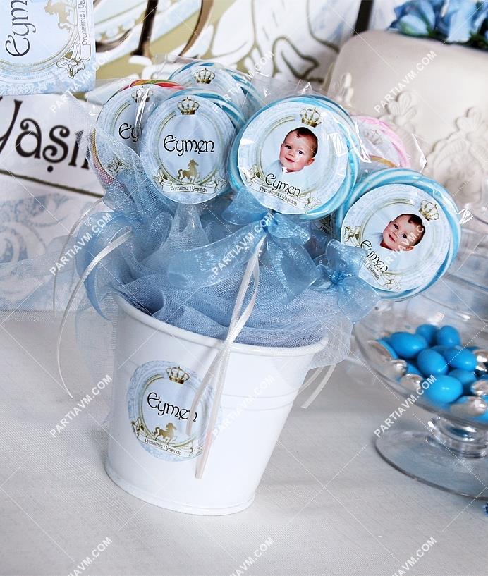 Lüks Prens Doğum Günü Süsleri Lolipop Şeker Etiketli Kovada Etiketli Kurdeleli 10 Adet