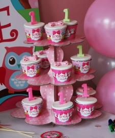 Partiavm Sevimli Baykuş Doğum Günü Süsleri Cupcake Standı Pembe Puantiyeli ve Cupcake Sargısı 20 Adet