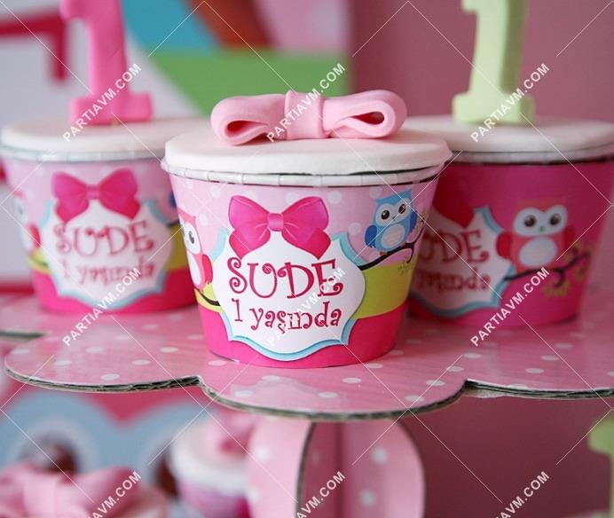 Sevimli Baykuş Doğum Günü Süsleri Cupcake Standı Pembe Puantiyeli ve Cupcake Sargısı 20 Adet