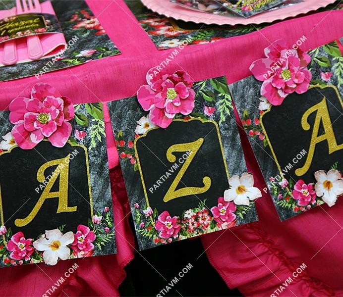Siyah Fuşya Vintage Doğum Günü Banner İsim Kağıt Çiçek Süslemeli