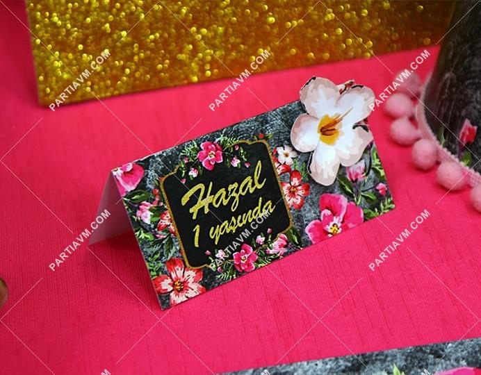 Siyah Fuşya Vintage Doğum Günü Mini Teşekkür Kartı Kağıt Çiçek Süslemeli 10 Adet