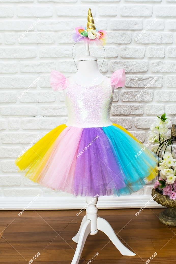 01 002a Unicorn Tutu Elbise Astarli Esnek Payet Beden Ve Unicorn Taci 8779 Partiavm De