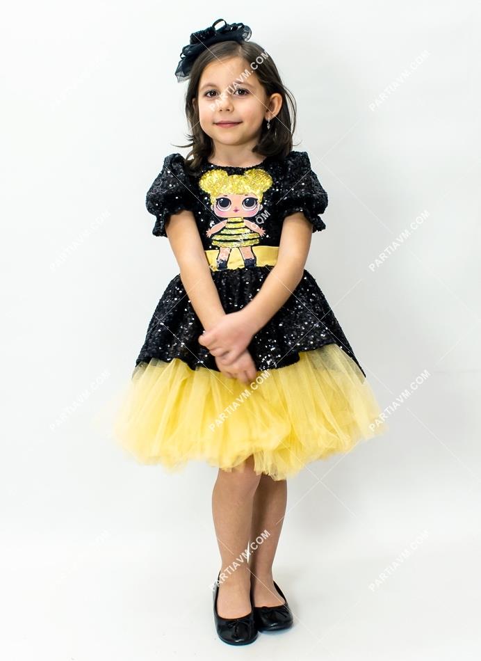 01-004B LOL Bebek Elbise Sarı Tütü Etekli Siyah Payet ve Tokası