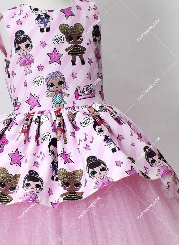 01-004D LOL Bebek Pembe Desenli Özel Tasarım Tütü Elbise
