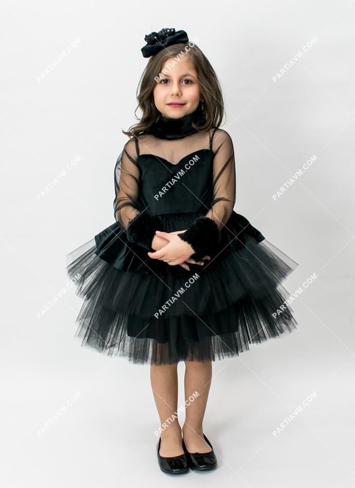 JBK003C Siyah Kadife Tül Elbise ve Tokası