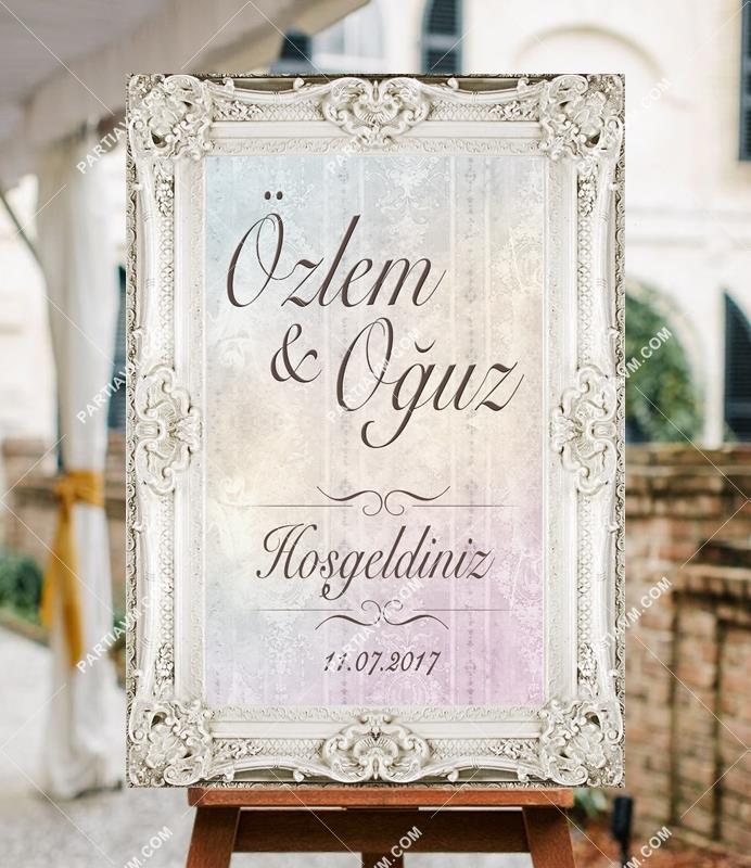 70x100 cm Düğün, Nişan, Kına Karşılama Panosu Beyaz Vintage Çerçeve Desen