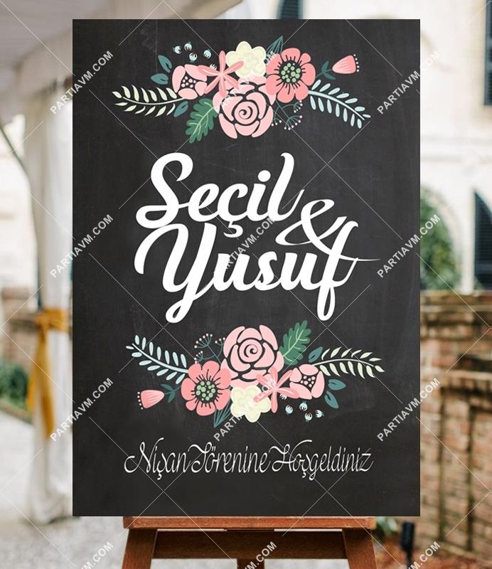 70x100 cm Düğün, Nişan, Kına Karşılama Panosu Kara Tahta Üzeri Çiçek Desen