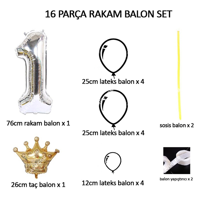 Altın Taçlı Rakam Balon Gold Siyah Krom Renk