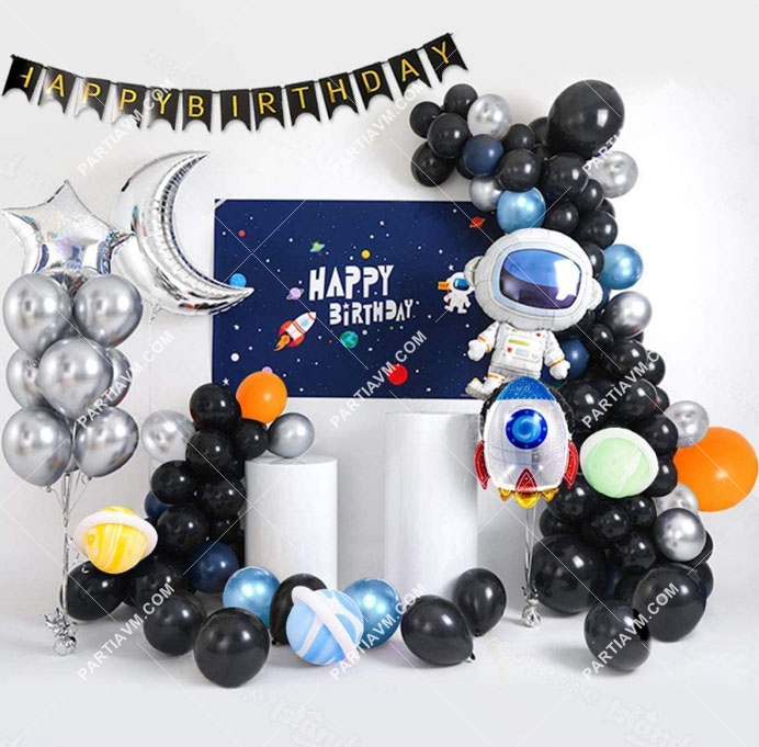 Astronot Balon Zinciri Full Set Siyah Uzay Galaksi Set