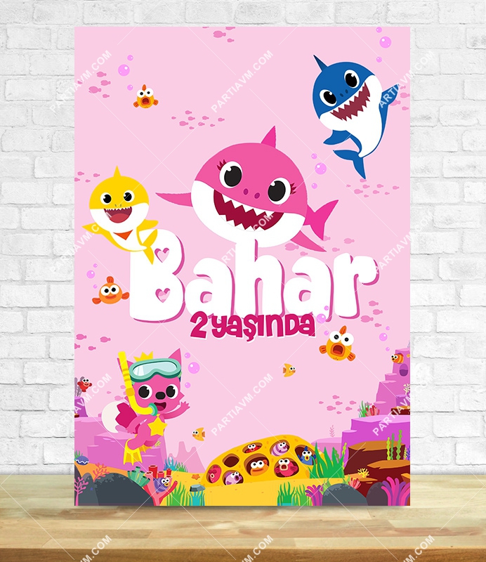 Baby Shark Pembe Doğum Günü Süsleri 70x100 cm Katlanmaz Pano Afiş