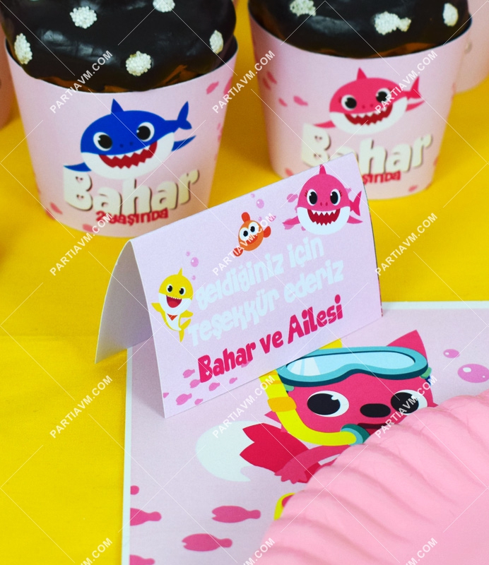 Baby Shark Pembe Doğum Günü Süsleri Karton Mini Teşekkür Kartı 8 Adet