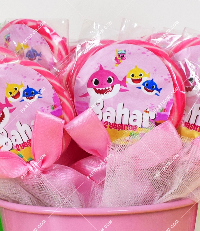 Baby Shark Pembe Doğum Günü Süsleri Lolipop Şeker Etiketli Süslemeli 10 Adet