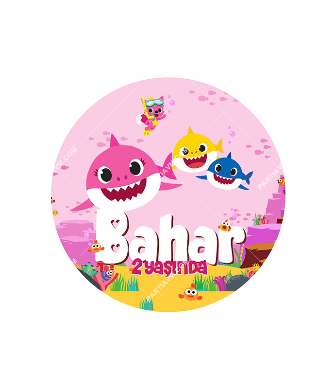 Baby Shark Pembe Doğum Günü Süsleri Yuvarlak Etiket 7,5cm 10 Adet