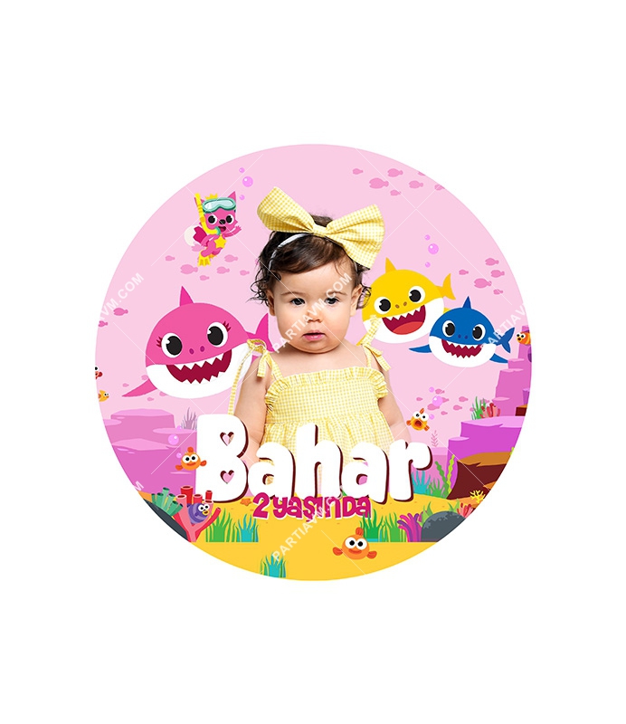 Baby Shark Pembe Doğum Günü Süsleri Yuvarlak Etiket 7,5cm 10 Adet