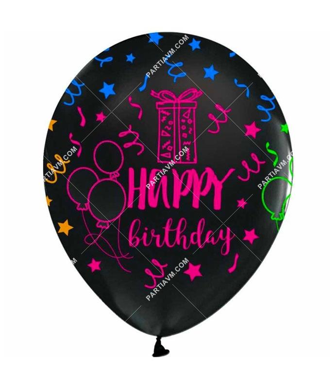 Baskılı Siyah Floresan Balon Happy Birthday Yazılı 10lu Paket 