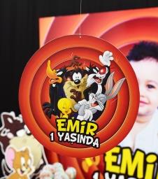 Partiavm Bugs Bunny ve Arkadaşları Doğum Günü 20 cm Önlü Arkalı Baskı Kalın Karton Misinalı Asma Süs