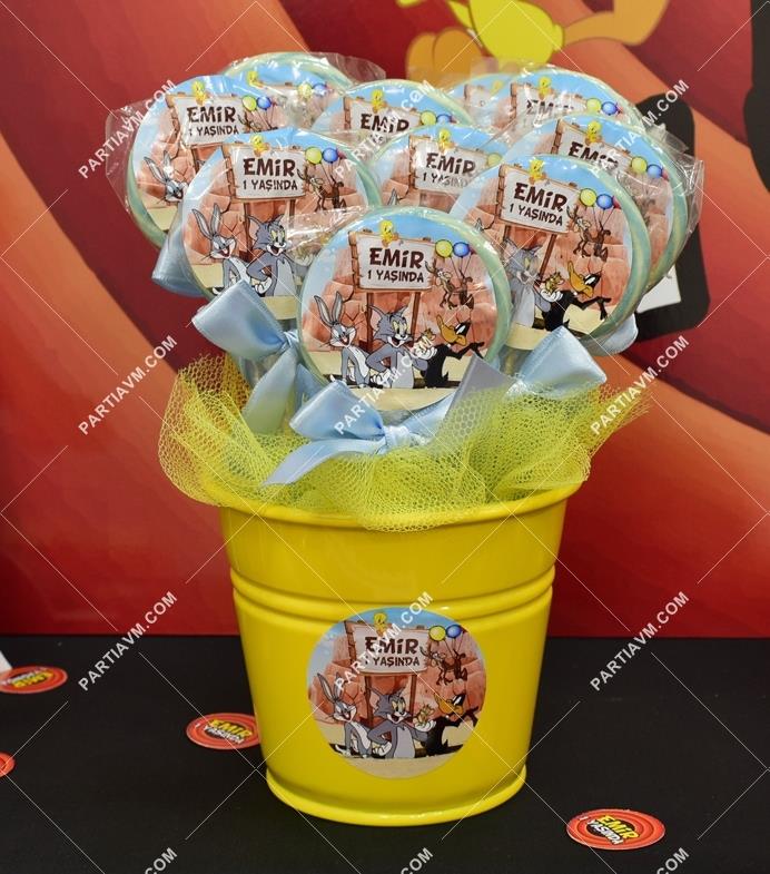 Bugs Bunny ve Arkadaşları Doğum Günü Lolipop Şeker Etiketli Kovada Süslemeli 10 Adet
