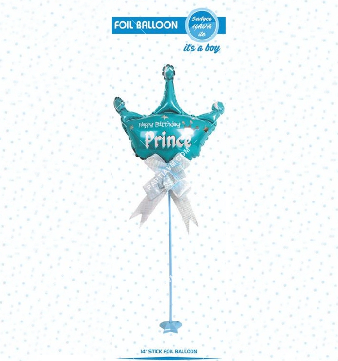 Cinsiyet Belirleme Partisi Süsleri Folyo Balon Ayaklı Set Mavi Taç 34cm 