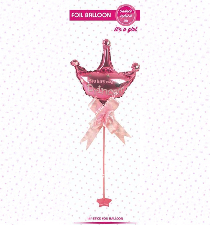 Cinsiyet Belirleme Partisi Süsleri Folyo Balon Ayaklı Set Pembe Taç 34cm 