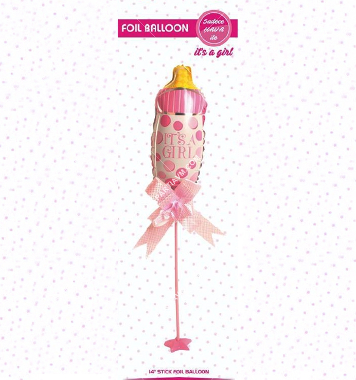 Cinsiyet Belirleme Partisi Süsleri Folyo Balon Ayaklı Set Pembe Biberon 34cm 