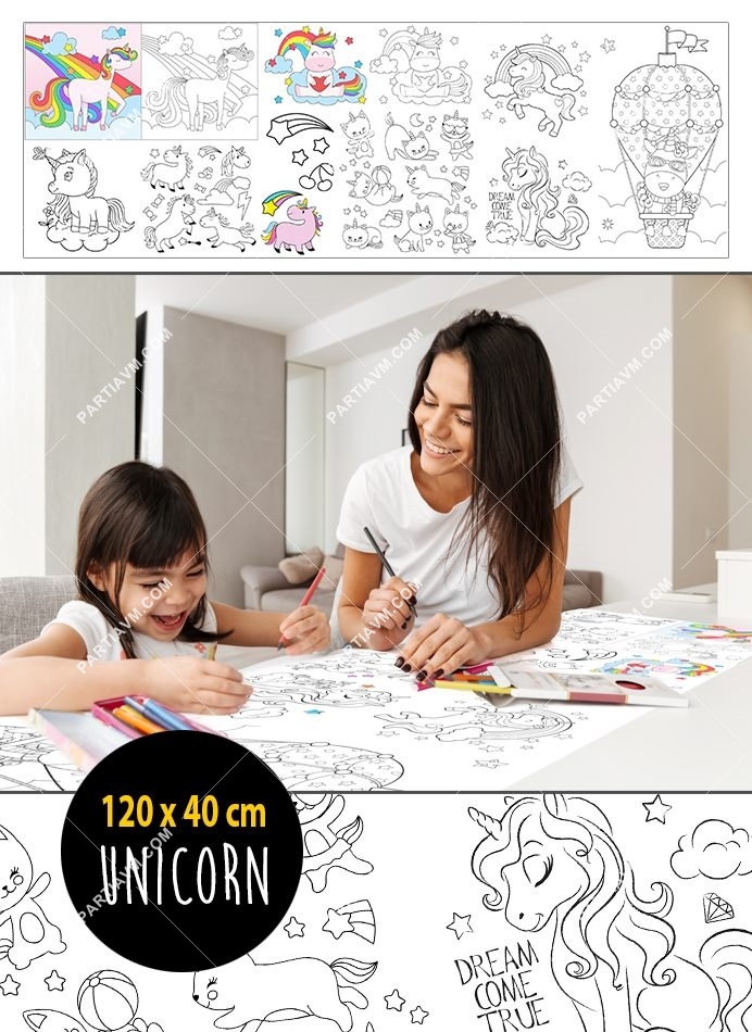 Çocuklar İçin Dev Boyama Kağıdı 120x40 cm Unicorn Temalı