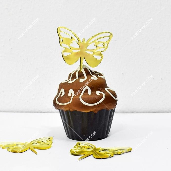 Cupcake Süsü Kelebek Gold Aynalı Pleksi Orta Boy Boy 6cm