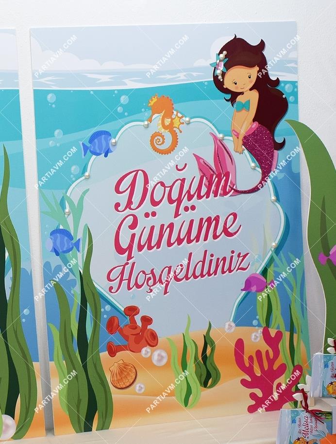 Deniz Kızı Doğum Günü 70x100 cm Katlanmaz Pano Afiş Sim Taş ve İnci Süslemeli