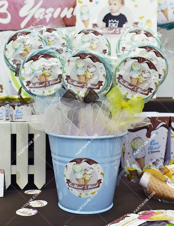 Dondurmalı Doğum Günü Lolipop Şeker Etiketli Kovada Süslemeli 10 Adet