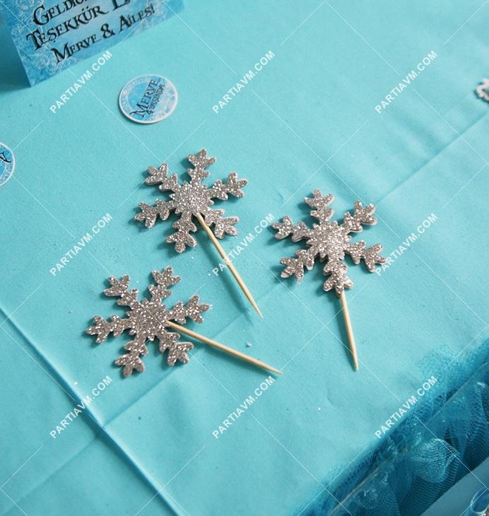 Frozen Elsa Doğum Günü Süsleri Kürdan Süs Seti Mini Boy Simli Karlar 10 lu Paket