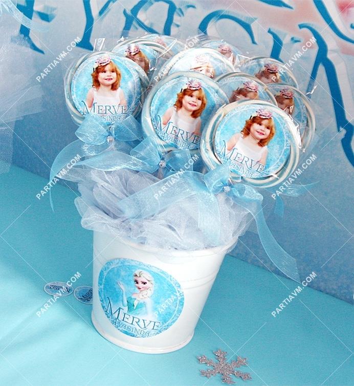 Frozen Elsa Doğum Günü Süsleri Lolipop Şeker Etiketli Kovada Etiketli Kurdeleli 10 Adet