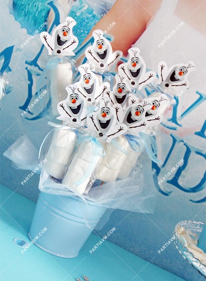 Frozen Elsa Doğum Günü Süsleri Marshmallow  Kovada 10 Adet Süslemeli Kurdeleli Çubuklu İkramlık 