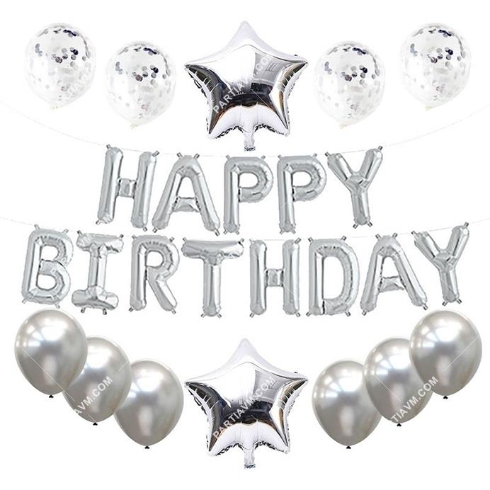 Gümüş Happy Birthday Balon Seti 25li