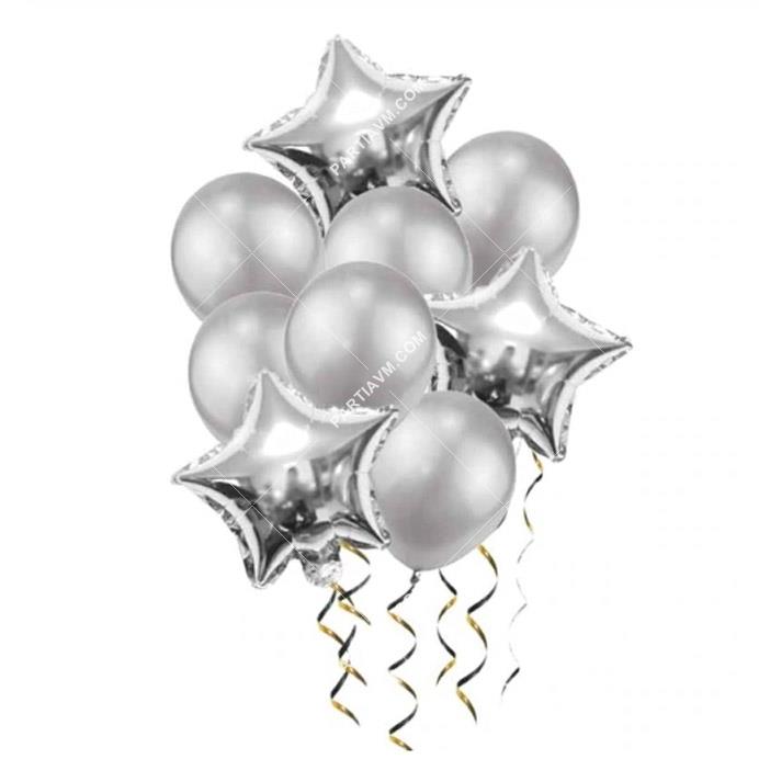 Gümüş Tonları Yıldız Balon Demeti 9lu