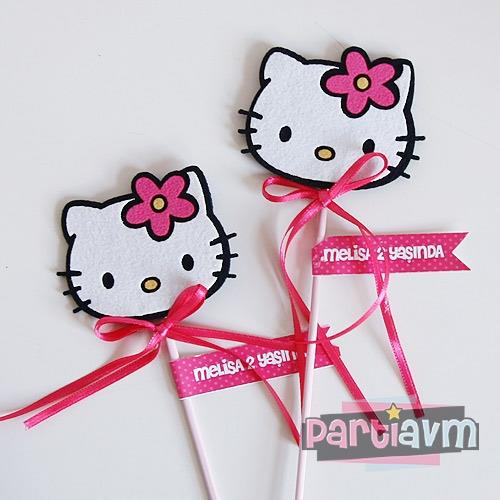 Hello Kitty Doğum Günü Süsleri Hediyelik Kürdan Süs Etiketli Pembe Çubukta Keçe Hello Kitty 5 Adet