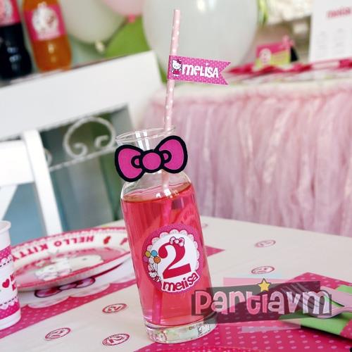 Hello Kitty Doğum Günü Süsleri Karaf Cam Bardak Etiketli ve Süslemeli 6 Adet