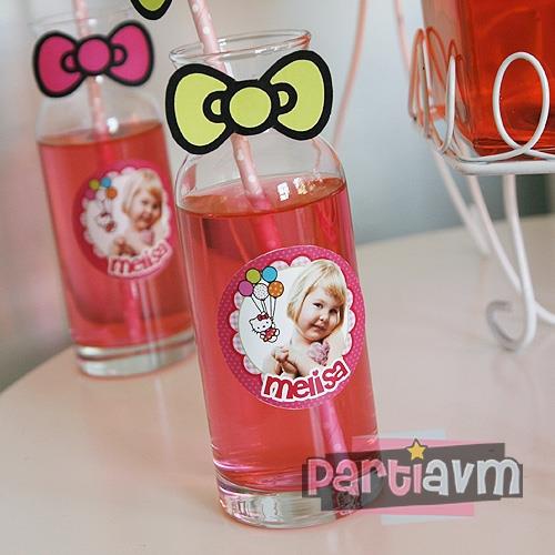 Hello Kitty Doğum Günü Süsleri Karaf Cam Bardak Etiketli ve Süslemeli 6 Adet