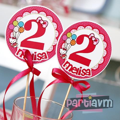 Hello Kitty Doğum Günü Süsleri Kürdan Süs Seti Büyük Boy 10 lu Paket