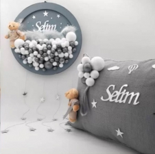 SAMM İsme Özel Ayıcıklı Bebek Odası Işıklı Kapı süsü ve Takı Yastığı Seti Model 17