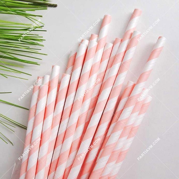 Kağıt Pipet Açık Pembe Beyaz 20cm 25li