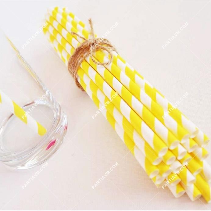 Kağıt Pipet Sarı Beyaz Spiral 25li