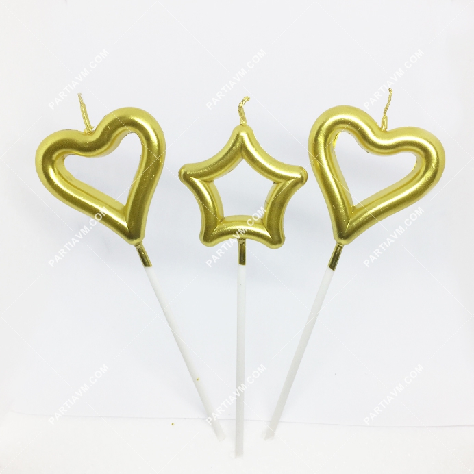 Kalp ve Yıldız Mum Büyük Boy Gold 3lü Set Model 12