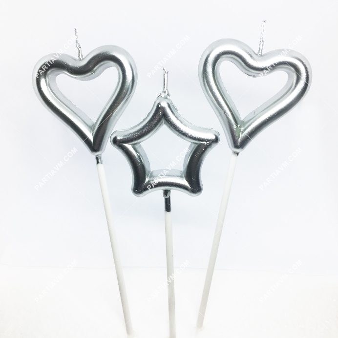 Kalp ve Yıldız Mum Büyük Boy Gümüş 3lü Set Model 14