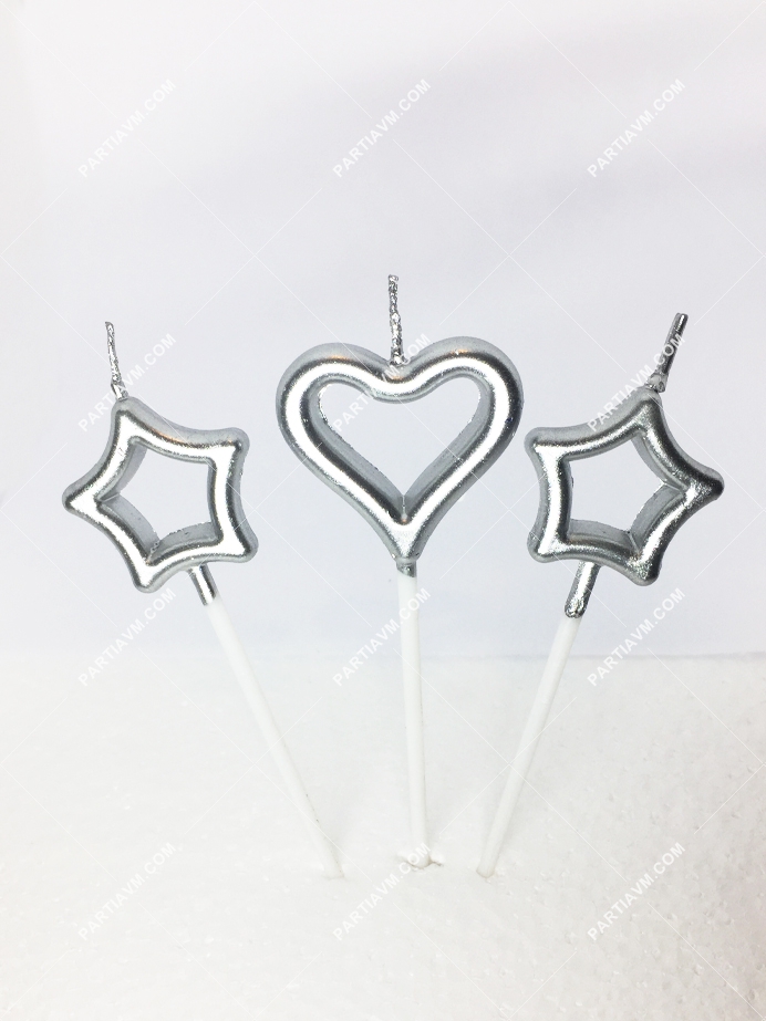 Kalp ve Yıldız Mum Küçük Boy Gümüş 3lü Set Model 10