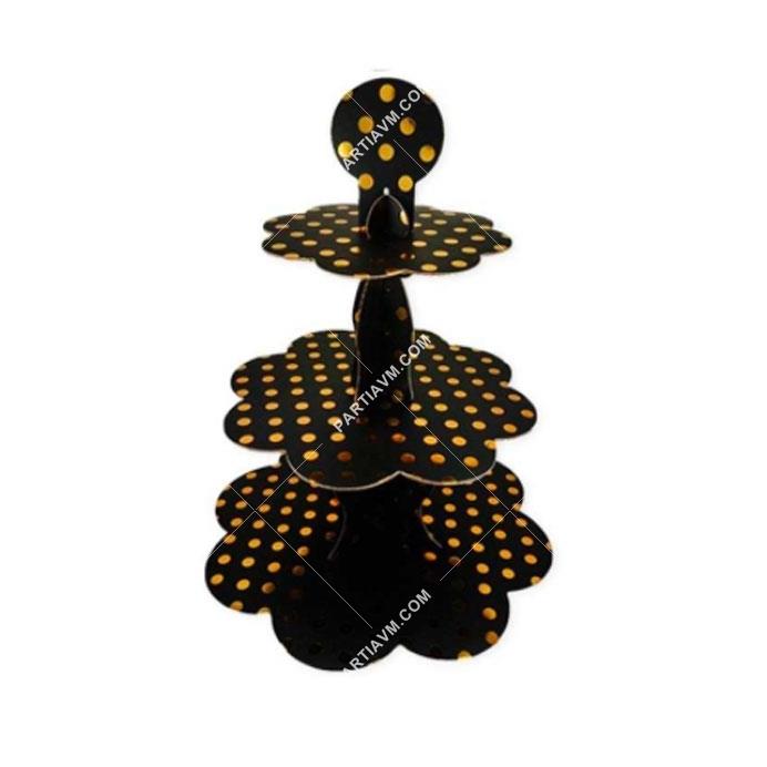 Karton Altın Puantiyeli Siyah Cupcake Standı 3 Katlı Kek Standı 12996