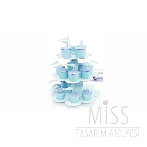 Karton Cupcake Standı Mavi Puantiyeli