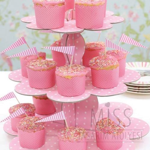 Karton Cupcake Standı Pembe Puantiyeli