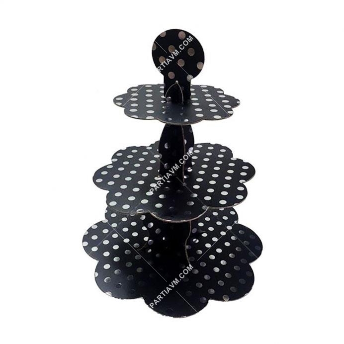 Karton Gümüş Puantiyeli Siyah Cupcake Standı 3 Katlı Kek Standı 12997