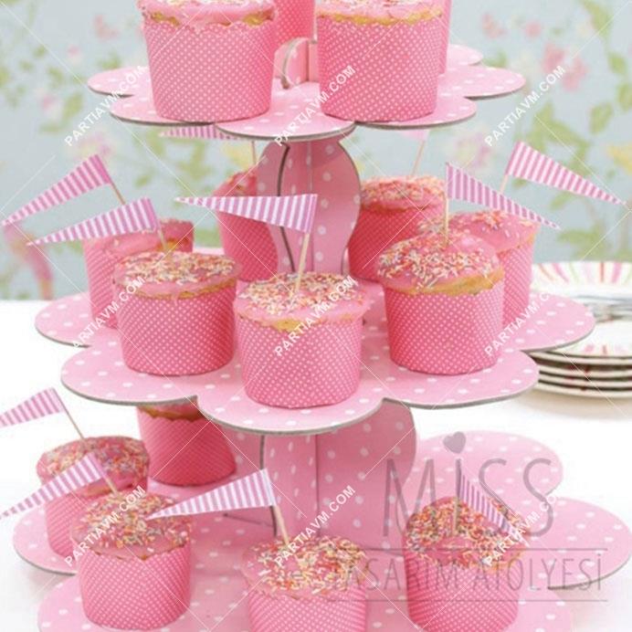 Karton Pembe Puantiyeli Cupcake Standı 3 Katlı Kek Standı 